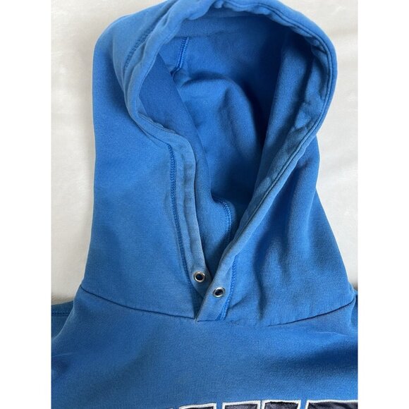 Vintage Nike Hoodie Sweatshirt Size L Blue Embroidered Spell Out Y2K Stain Faded - Picture 5 of 12